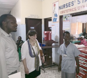 Seed Chief Nursing Officer Eileen Stuart-Shor (center) and Uganda Country Representative Bonaventure Ahaisibwe (left) visiting the OB/GYN Ward at Phebe Hospital in Liberia.