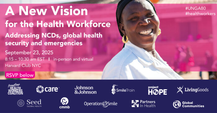 Frontline Health Workers Coalition event flyer for UNGA80 event titled: A New Vision for the Health Workforce: Addressing NDCs, global health security and emergencies.