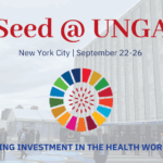 The Seed logo inside the SDGs logo with the text Seed at UNGA - elevating investment in the health workforce